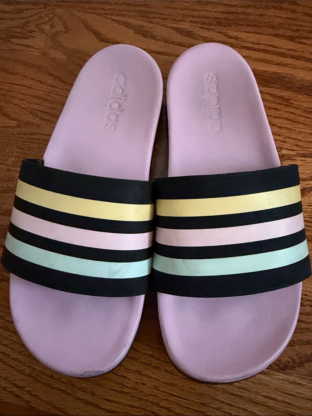 adidas Women’s Pastel Pink Slide Sandals with Yellow and Mint Stripes